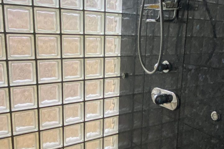 a close up of a tiled wall