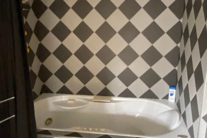 a tiled shower curtain