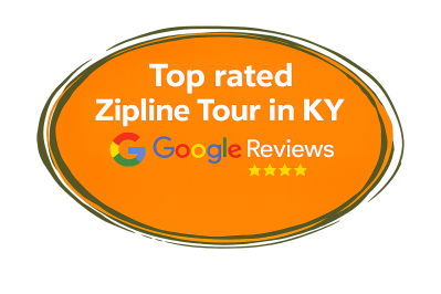 Orange graphic reading 'Top rated Zipline Tour in KY' with Google Reviews logo and 5 stars.